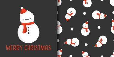 Noel tatili afişi ve kırmızı eşarp takan sevimli kardan adam deseni ve kar taneleriyle kaplı siyah arka planda Noel Baba şapkası. Kış tatilleri için vektör illüstrasyonu.