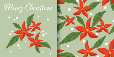 Noel tatili afişi ve Mutlu Noeller yazılı Poinsettia 'nın kusursuz desenleri açık yeşil arka planda kar taneleri ve yapraklı Noel çiçekleri. Kış tatilleri için vektör illüstrasyonu.