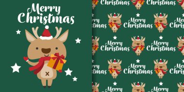 Noel tatili afişi ve kırmızı eşarp takan sevimli ren geyiği deseni ve hediye kutusu taşıyan Noel Baba şapkası, yıldızlar ve yeşil arka planda Mutlu Noeller metni. Kış tatilleri için vektör illüstrasyonu.