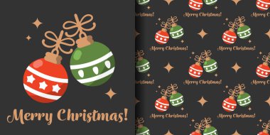 Noel bayramı afişi, Mutlu Noeller mesajı ve siyah arka planda şirin Noel toplarının kusursuz deseni. Vektör illüstrasyonu.