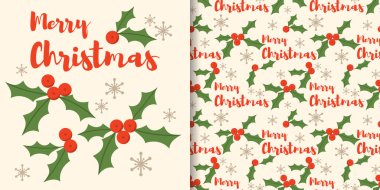 Noel tatili afişi ve yeşil yapraklı kırmızı böğürtlen dalları ve açık renkli kar taneli Mutlu Noeller metni. Kış tatilleri için vektör illüstrasyonu.