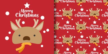 Noel tatili afişi ve sarı kar taneli eşarp takan sevimli ren geyiklerinin kusursuz deseni ve kırmızı arka planda yıldızlı Mutlu Noeller metni. Kış tatilleri için vektör illüstrasyonu.