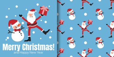 Noel tatili afişi ve Noel Baba 'nın içinde kardan adam olan hediye kutuları ve açık mavi arka planda kar taneleri olan Mutlu Noeller metni taşıdığı kusursuz desenler. Kış tatilleri için vektör illüstrasyonu.