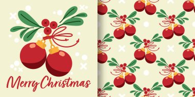 Noel bayramı afişi, Mutlu Noeller mesajı ve açık arkaplanda yeşil yapraklı Holly meyveleri ve kurdeleli kırmızı Noel toplarının kusursuz deseni. Vektör illüstrasyonu.