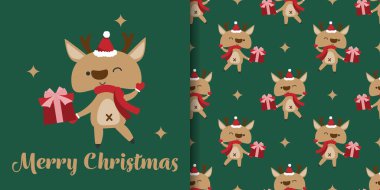 Noel tatili afişi ve kırmızı eşarp takan sevimli ren geyiği deseni ve hediye kutusu taşıyan Noel Baba şapkası, yıldızlar ve yeşil arka planda Mutlu Noeller metni. Kış tatilleri için vektör illüstrasyonu.