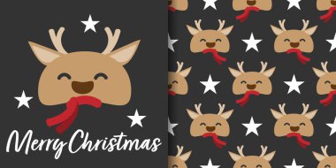 Noel tatili afişi, Mutlu Noeller mesajı ve siyah arka planda yıldızlı kırmızı eşarp giyen sevimli ren geyiği desenleri. Kış tatilleri için vektör illüstrasyonu.