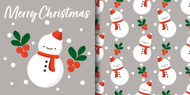 Noel tatili afişi ve kırmızı eşarp takan sevimli kardan adam desenli Noel Baba şapkası açık gri arka planda Holly böğürtlenleri ve kar taneleriyle. Kış tatilleri için vektör illüstrasyonu.