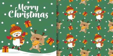 Noel tatili afişi ve yeşil arka planda kırmızı eşarp, kar taneleri ve Mutlu Noeller mesajı takan sevimli kardan adam ve ren geyiği desenleri. Vektör illüstrasyonu