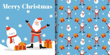 Noel tatili afişi ve Noel Baba 'nın içinde kardan adam olan hediye kutuları ve açık mavi arka planda kar taneleri olan Mutlu Noeller metni taşıdığı kusursuz desenler. Kış tatilleri için vektör illüstrasyonu.