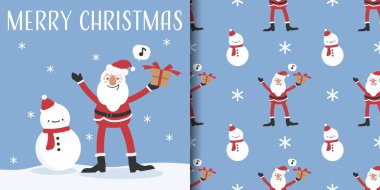 Noel tatili afişi ve Noel Baba 'nın elinde hediye kutusu ve açık mavi arka planda kar taneleriyle kırmızı eşarp takan sevimli kardan adamın kusursuz deseni. Kış tatilleri için vektör illüstrasyonu.