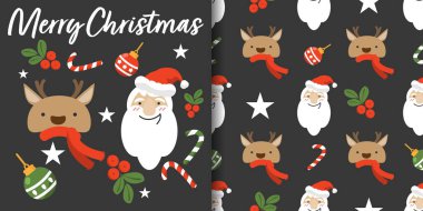 Noel tatili afişi ve Noel Baba 'nın kırmızı eşarp takan sevimli ren geyikli, Noel topları, şeker kamışı, kutsal böğürtlen ve siyah arka planda yıldızlar. Kış tatilleri için vektör illüstrasyonu.