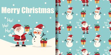 Noel tatili afişi ve Noel Baba 'nın elinde hediye kutusu ve açık mavi arka planda kar taneleriyle Noel Baba şapkası taşıdığı kusursuz bir desen. Vektör illüstrasyonu.