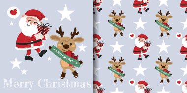 Noel tatili afişi ve Noel Baba 'nın elinde hediye kutusu ve açık gri arka planda yıldızlı Mutlu Noeller tabelasını gösteren kırmızı bir geyik taktığı kusursuz desenler. Vektör illüstrasyonu.