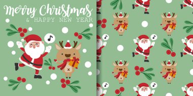 Noel tatili afişi, Noel Baba 'nın kusursuz desenleri ve açık yeşil arka planda üzerinde Holly böğürtlenleri ve kar taneleri olan kırmızı eşarp giyen sevimli ren geyiği. Kış tatilleri için vektör illüstrasyonu.