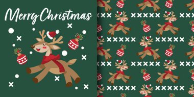 Noel bayramı afişi ve üzerinde kırmızı eşarp ve Noel Baba şapkası takan şirin ren geyikleri olan kusursuz Mutlu Noeller yazısı şeritli Noel topları ve yeşil arka planda çobanpüsküllü dallar. Vektör illüstrasyonu.