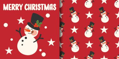 Noel tatili afişi ve yıldızlı kırmızı arka planda Holly dallarıyla süslenmiş siyah şapkalı sevimli kardan adamın pürüzsüz deseni. Kış tatilleri için vektör illüstrasyonu.