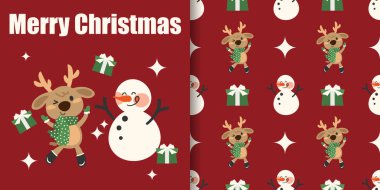 Noel tatili afişi ve yeşil eşarp takan şirin ren geyikleri ve hediye kutularıyla kardan adam, Mutlu Noeller mesajı ve kırmızı arka planda yıldızlar. Kış tatilleri için vektör illüstrasyonu.