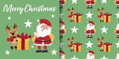 Noel tatili afişi ve sarı bir çanta taşıyan Noel Baba 'nın kusursuz deseni ve yıldızlı açık yeşil arka planda büyük bir hediye kutusu olan kırmızı eşarp giyen ren geyiği standı. Vektör illüstrasyonu.