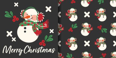 Noel tatili afişi ve siyah arka planda beyaz haçlar ve kutsal dallarla süslenmiş kulaklık ve eşarp takan sevimli kardan adamın kusursuz deseni. Kış tatilleri için vektör illüstrasyonu.