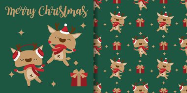 Noel tatili afişi ve kırmızı eşarp takan sevimli ren geyiklerinin kusursuz deseni, Noel Baba şapkası ve yıldızlı kulaklıklar, hediye kutusu ve yeşil arka planda Mutlu Noeller mesajı. Kış tatilleri için vektör illüstrasyonu.
