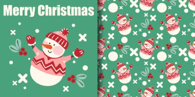 Noel tatili afişi ve yeşil arka planda Holly dalları, kar taneleri ve beyaz haçlarla süslenmiş süveter ve iplik şapka giyen sevimli kardan adamın kusursuz deseni. Kış tatilleri için vektör illüstrasyonu.