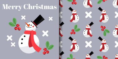 Noel tatili afişi ve siyah arka planda beyaz haçlar ve kutsal dallarla süslenmiş siyah şapka ve eşarp takan sevimli kardan adamın kusursuz deseni. Kış tatilleri için vektör illüstrasyonu.