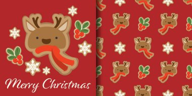 Noel tatili afişi ve şirin ren geyiği kurabiyelerinin kusursuz deseni, Holly çilekli kurabiyeleri ve kırmızı arka planda kar tanesi kurabiyeleri. Kış tatilleri için vektör illüstrasyonu.