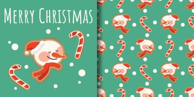 Noel tatili afişi ve dikişsiz kardan adam kurabiyeleri, şeker kamışı kurabiyeleri ve yeşil arka planda beyaz kar taneleri. Kış tatilleri için vektör illüstrasyonu.