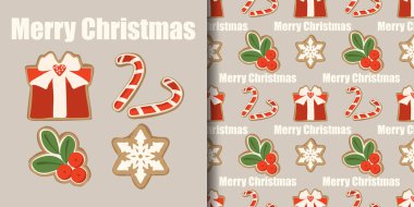 Noel tatili afişi ve kırmızı hediye kutusu kurabiyelerinin kusursuz deseni, Holly çilekli kurabiyeleri, şeker kamışı kurabiyeleri ve mutlu noel mesajlı kar tanesi kurabiyeleri. Vektör illüstrasyonu.