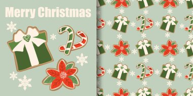 Noel tatili afişi ve hediye kutusu kurabiyelerinin kusursuz deseni, Noel çiçekli kurabiyeler, baston şekerli kurabiyeler ve açık yeşil arka planda Mutlu Noeller metniyle kar taneleri. Vektör illüstrasyonu.