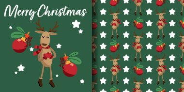 Noel bayramı afişi ve kırmızı eşarp takan şirin ren geyikleri, kurdeleli Noel topları ve yeşil arka planda beyaz yıldızlar olan kusursuz Mutlu Noeller yazısı. Vektör illüstrasyonu.