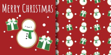 Noel tatili afişi ve yeşil fular takan kardan adam kurabiyelerinin pürüzsüz deseni, hediye kutusu kurabiyeleri ve kırmızı arka planda beyaz kar taneleri. Kış tatilleri için vektör illüstrasyonu.