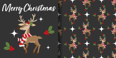 Noel tatili afişi ve üzerinde Holly böğürtlenleri olan kırmızı eşarp takan sevimli ren geyiği deseni, mutlu Noeller mesajı ve siyah arka planda yıldızlar. Kış tatilleri için vektör illüstrasyonu.