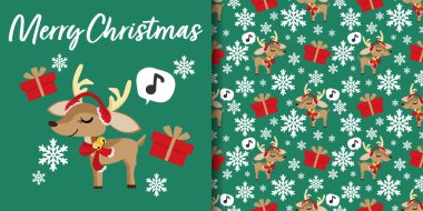 Noel tatili afişi ve kırmızı eşarp takan sevimli ren geyiği desenleri hediye kutulu kulaklıklar ve yeşil arka planda kar taneleri. Kış tatilleri için vektör illüstrasyonu.