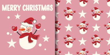 Noel tatili afişi ve beyaz yıldızlı pembe arka planda Noel Baba şapkası ve kırmızı eşarp takan sevimli kardan adamın kusursuz deseni. Kış tatilleri için vektör illüstrasyonu.