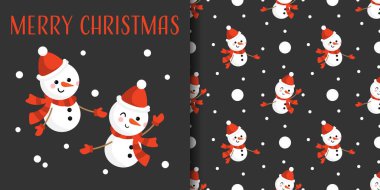 Noel tatili afişi ve kırmızı eşarp takan sevimli kardan adam deseni ve kar taneleriyle kaplı siyah arka planda Noel Baba şapkası. Kış tatilleri için vektör illüstrasyonu.