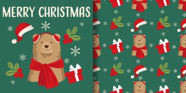 Noel tatili afişi ve kulaklık ve kırmızı eşarp takan sevimli kahverengi ayı deseni, Noel Baba Şapkası, Holly böğürtlenleri ve kar taneli hediye kutusu. Vektör illüstrasyonu.