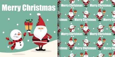 Noel tatili afişi ve Noel Baba 'nın elinde kırmızı eşarp takan bir hediye kutusu ve açık yeşil arka planda kar taneleriyle Mutlu Noeller mesajı var. Vektör illüstrasyonu.