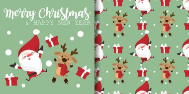 Noel tatili afişi ve Noel Baba 'nın kusursuz desenleri ve açık yeşil arka planda kar taneleri olan kırmızı eşarplı şirin ren geyiği. Kış tatilleri için vektör illüstrasyonu.