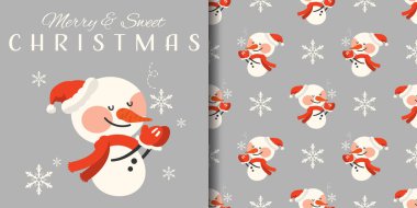 Noel tatili afişi ve kar taneli açık gri arka planda kırmızı eşarp ve Noel Baba şapkası takan sevimli kardan adamın pürüzsüz deseni. Kış tatilleri için vektör illüstrasyonu.