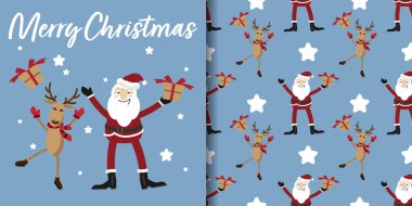Noel tatili afişi ve Noel Baba 'nın elinde bir hediye kutusu ve açık mavi arka planda yıldızlı kırmızı eşarp taktığı kusursuz desenler. Vektör illüstrasyonu.