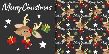 Noel tatili afişi ve kırmızı eşarp takan sevimli ren geyiği deseni ve hediye kutulu Holly meyveleri ve siyah arka planda yıldızlar. Kış tatilleri için vektör illüstrasyonu.
