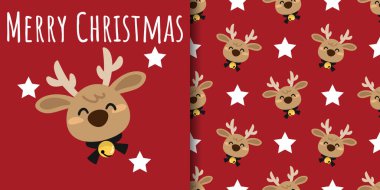 Noel tatili afişi, Mutlu Noeller mesajı ve yıldızlı kırmızı arka planda altın zilli siyah yakalı şirin ren geyiği desenleri. Kış tatilleri için vektör illüstrasyonu.