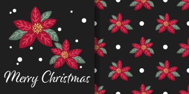Noel tatili afişi ve Mutlu Noeller yazılı Poinsettia 'nın kusursuz desenleri, siyah arka planda yapraklı Noel çiçekleri ve kar taneleri. Kış tatilleri için vektör illüstrasyonu.