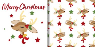 Noel Baba, Kardan Adam, Ren Geyiği, Poinsettia, Noel çiçekleri, Noel baloları, Noel meyveleri, hediye kutuları, ökseotu, kar taneleri ve şeker kamışlı şirin karakterler. Vektör illüstrasyonu.