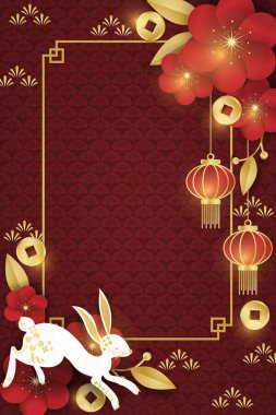 Fotokopi alanınız için kırmızı desenli arka planda kırmızı çiçekli bir tavşan, altın sikkeler ve fenerler. Çin Yeni Yılı, Ay Yeni Yılı, Sonbahar ortası Festivali. Vektör illüstrasyonu.