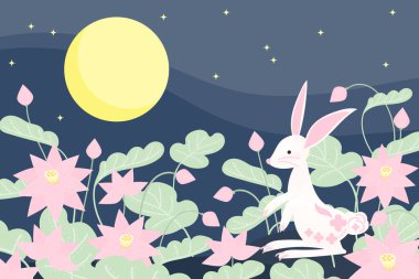 Sonbahar ortası festival afişi, nilüfer bahçesinde sevimli bir tavşan, dolunay gökyüzünde, yıldızlı. Vektör illüstrasyonu.