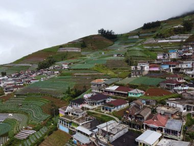 Nepal van Java, Hamlet, Magelang, Endonezya 'nın turistik bölgelerinde peyzaj, sebze çiftlikleri ve teraslı evler düzenlemelerinin güzelliği.