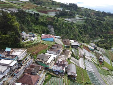 Nepal van Java, Hamlet, Magelang, Endonezya 'nın turistik bölgelerinde peyzaj, sebze çiftlikleri ve teraslı evler düzenlemelerinin güzelliği.
