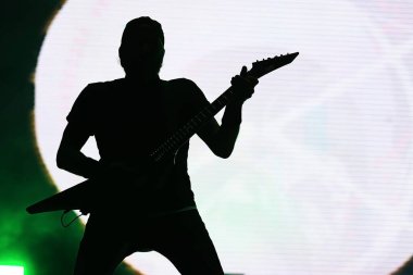 Rio de Janeiro, 2 Eylül 2022. Heavy metal grubu Bullet for My Valentine 'ın gitaristi Michael Paget Rio 2022' de Rio de Janeiro 'da verdiği konserde.